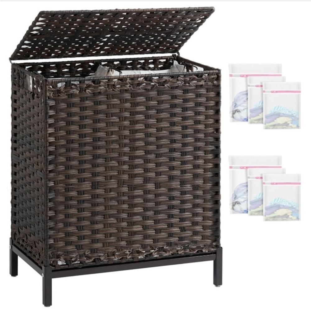 Rattan Laundry Hamper w/ Lid 2 Compartments Liners 112L Brown